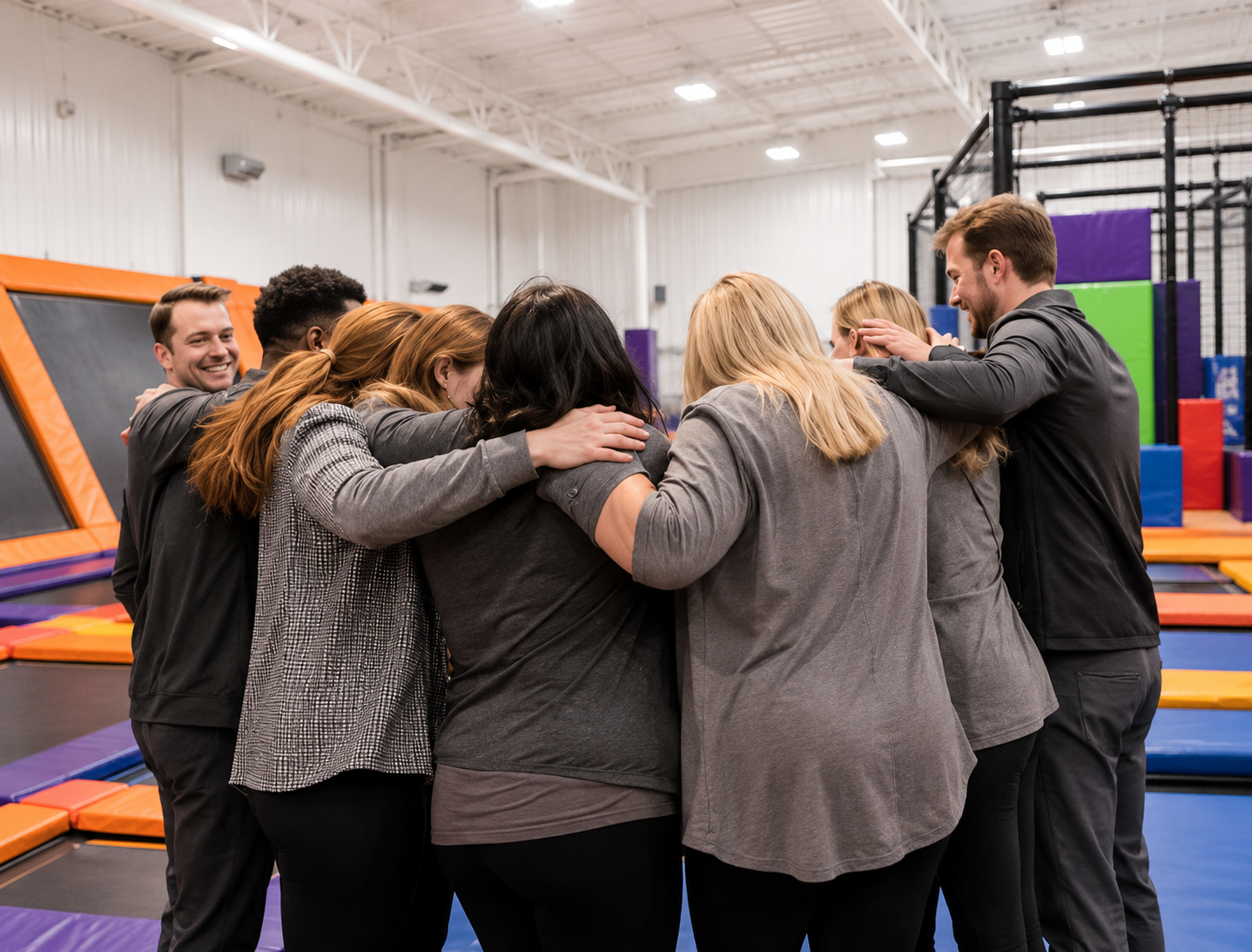 Team huddle at Bump City with arms around each other